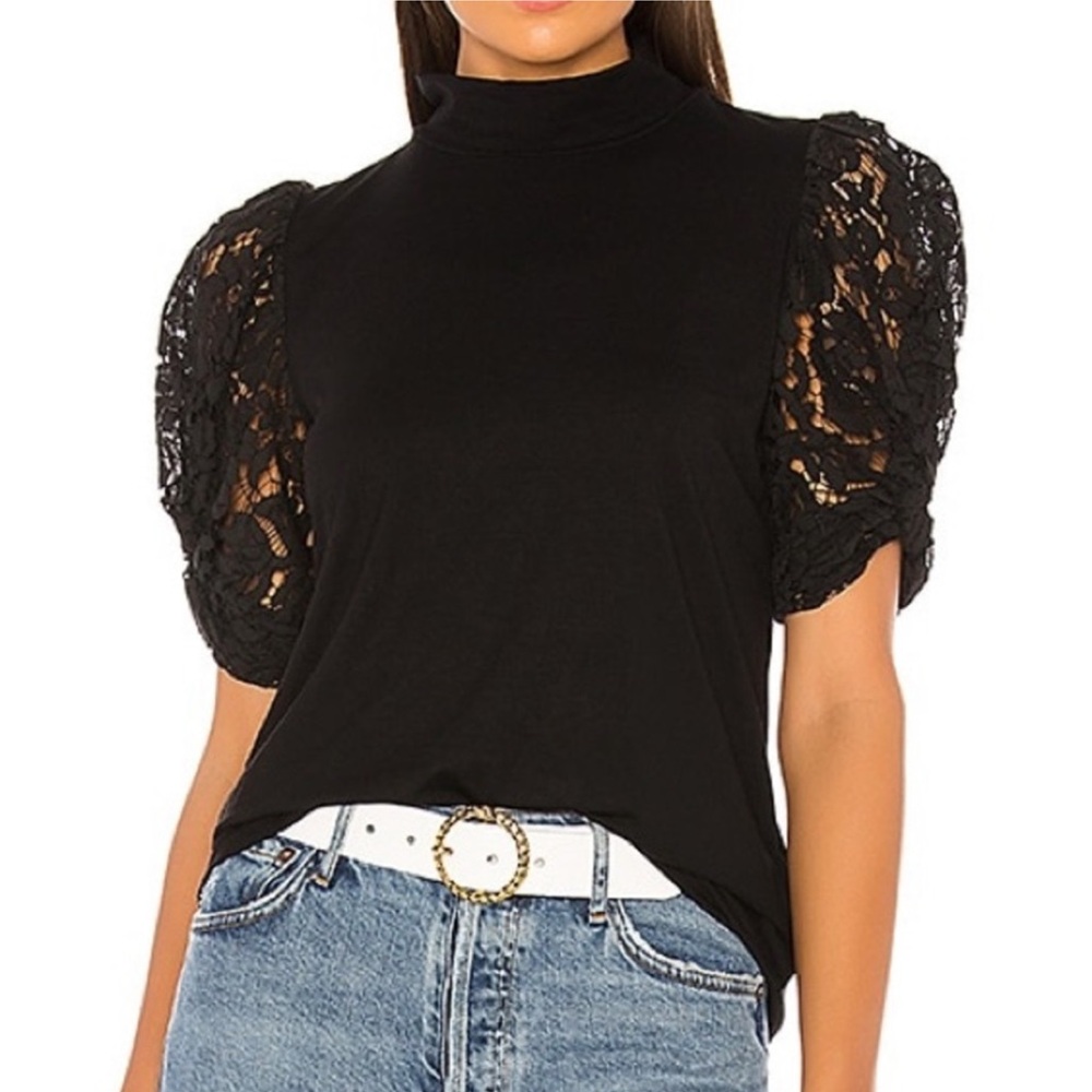 Generation Love Black Puff Lace Sleeve Mock Neck Top